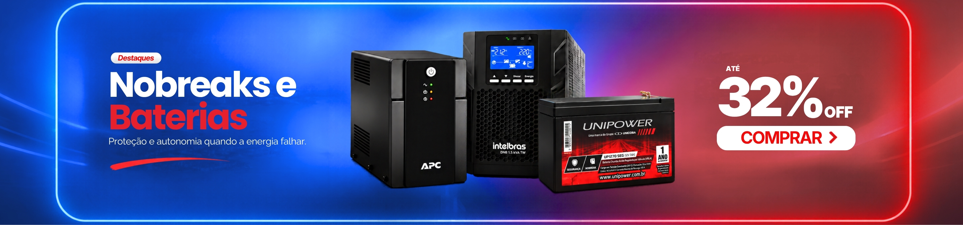 Nobreaks e baterias para energia de backup e proteção de equipamentos na Eletrônica Santana.